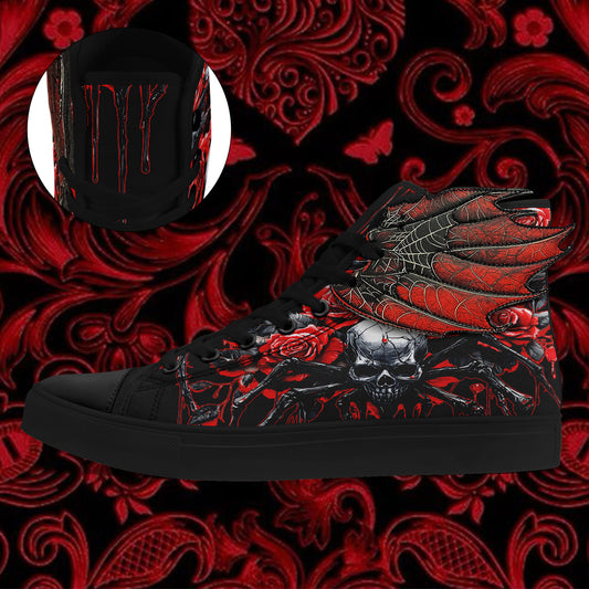 [Gothic Punk Sneakers] Gothic Punk Sneakers for Men - High-Top Shoes with 3D Red Flame Skull & Wing Design | Lace-Up Closure for Halloween, Gothic Parties, Everyday Streetwear | All-Season Comfortable, Casual Sport, Horror Ae