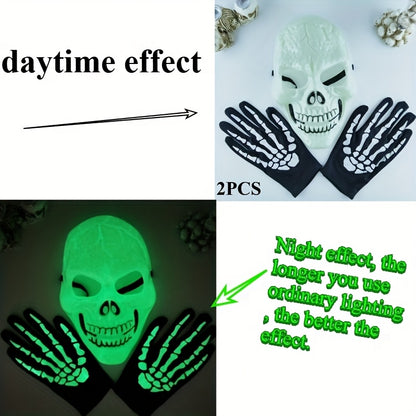 2pcs Glow-in-the-Dark Green Skull Series Luminous Mask & Gloves - Halloween Costume Party Accessory, Fashionable Plastic Makeup Masks for Nighttime Festivities, Halloween Costumes, Glowing Mask, Glowindark Feature