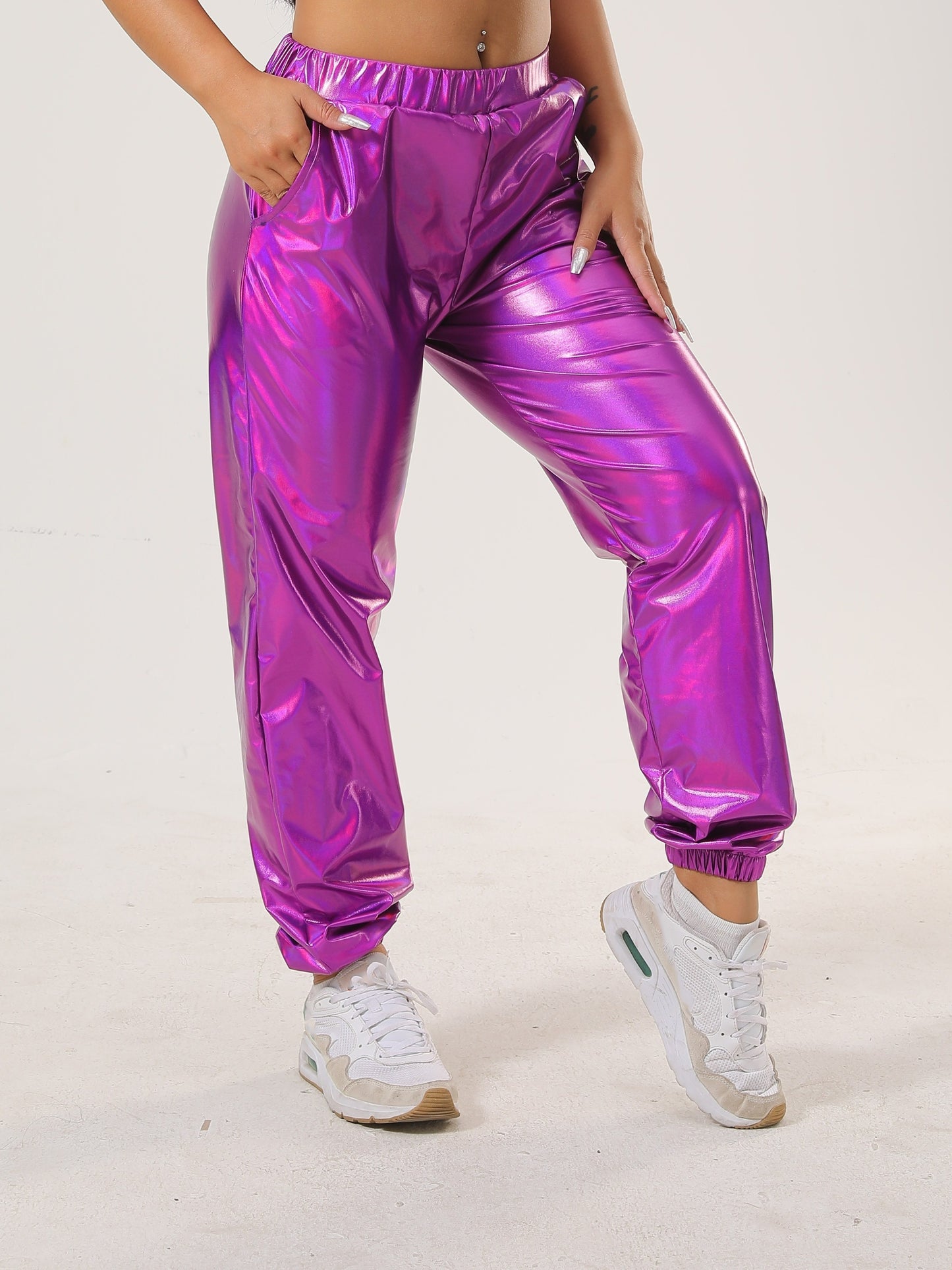 Women's Vibrant Purple Casual Tapered Leggings with Elastic Waistband & Side Pockets - Medium-Stretch All-Season Comfort for Lounge, Workouts & Casual Attire, Leggings, Lounge Wear, Fashionable Jogger Style, Medium Elasticity
