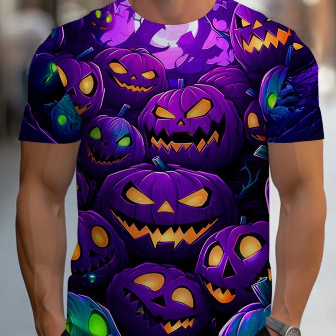 Men'S Halloween T-Shirt - Purple Pumpkin Graphic Tee with Jack-O'-Lanterns, Lightweight Breathable Fabric for Costume Parties, Halloween Bars, Clubs - Spooky Party Outfit Casual Attire - Easy-Care Round Neck Shirt, Halloween