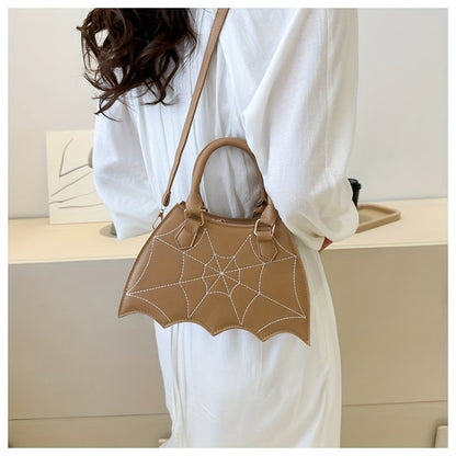 Halloween Women'S Bat Wing Spider Web Handbag - Lightweight Synthetic Faux Leather Tote with Geometric Spider Web Design, Zipper Closure & Detachable Strap, Gothic Style for Daily Use or Party Outfits, Durable Polyester Linin