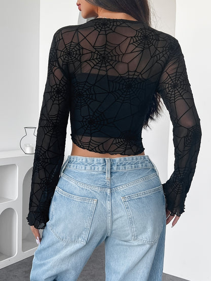 [Elegant Spider Web Mesh Tee] Elegant Women's Spider Web Mesh T-Shirt | Black Semi-Sheer Long Sleeve Top with Ear Detailing, 95% Polyester 5% Elastane Blend, Round Neck Halloween Party & Casual Wear, Hand Wash Only