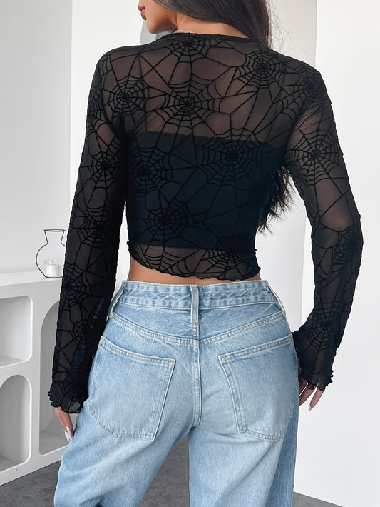 [Elegant Spider Web Mesh Tee] Elegant Women's Spider Web Mesh T-Shirt | Black Semi-Sheer Long Sleeve Top with Ear Detailing, 95% Polyester 5% Elastane Blend, Round Neck Halloween Party & Casual Wear, Hand Wash Only
