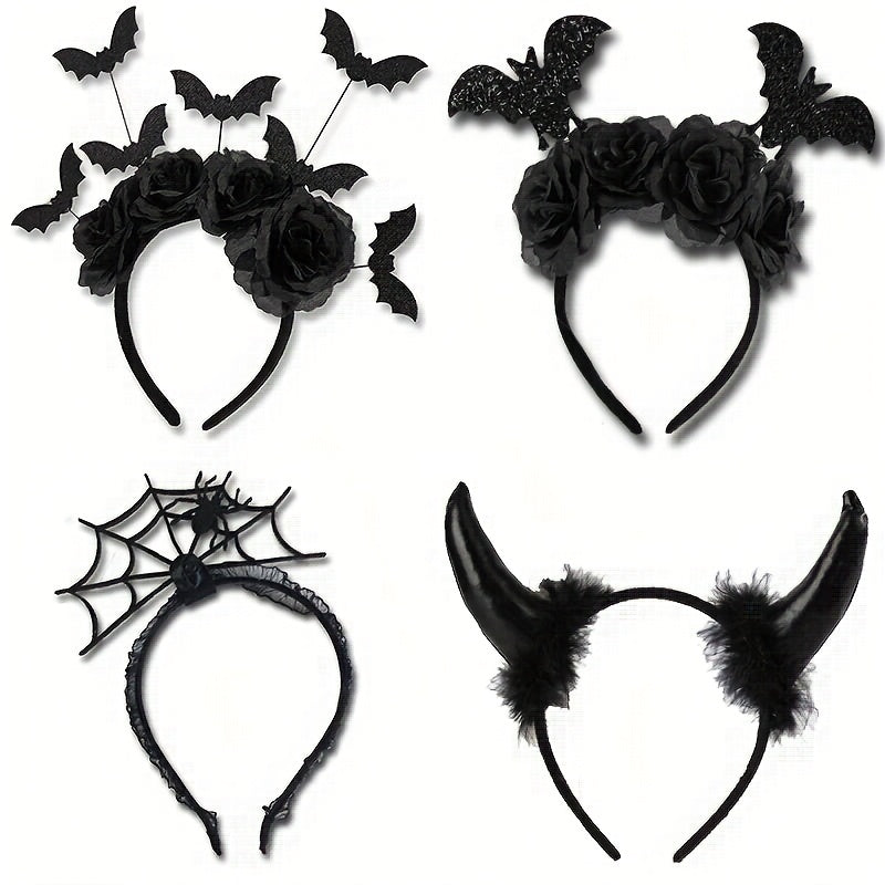 [Funny Halloween Headbands] 4pcs Halloween Party Funny Headbands | Lace Spider Web, 3D Hats, Horns, Bat Decorated Haunted Night Prankster Spider Accessories