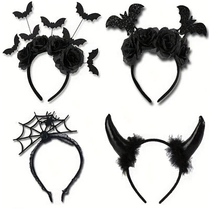 [Funny Halloween Headbands] 4pcs Halloween Party Funny Headbands | Lace Spider Web, 3D Hats, Horns, Bat Decorated Haunted Night Prankster Spider Accessories