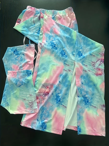 Women's Sexy Elegant Tie-Dye Print Halter Neck Bodycon Dress with Slit Detail - Long Sleeveless Machine Washable All-Season Party & Casual Outfit, Versatile Fashion, Sleek Fit Fabric, Sophisticated Craftsmanship