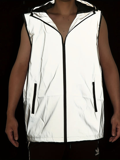 Men's Glow-in-the-Dark Hooded Vest - Casual Sleeveless Outdoor Running Gear, Polyester, Zip-Up, All-Season Wear