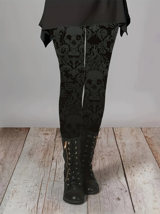 [Gothic Bohemian Leggings] Plus Size Gothic Bohemian Skull Print Leggings - High-Waisted Stretchy Pants with Elastic Waist & Thigh Print, All-Season Machine Washable Black & White Gothic Design for Casual & Statement Outfits
