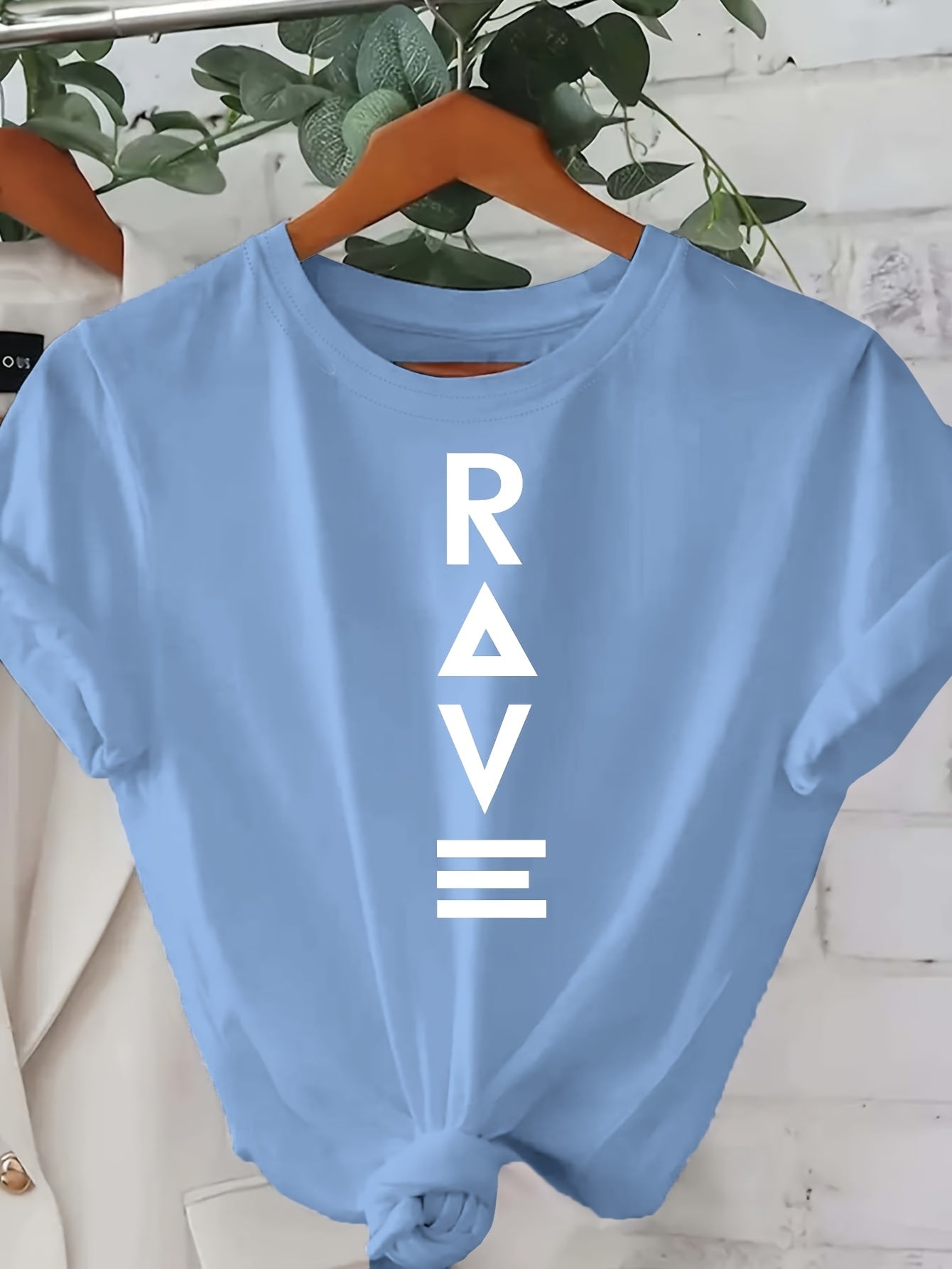 Women's Casual Short Sleeve T-Shirt - Black with Vertical White RAVE Print, Relaxed Fit Round Neck, Machine Washable All-Season Comfort Top, Rave Clothing, Classic Round Neck, Nontransparent Fabric