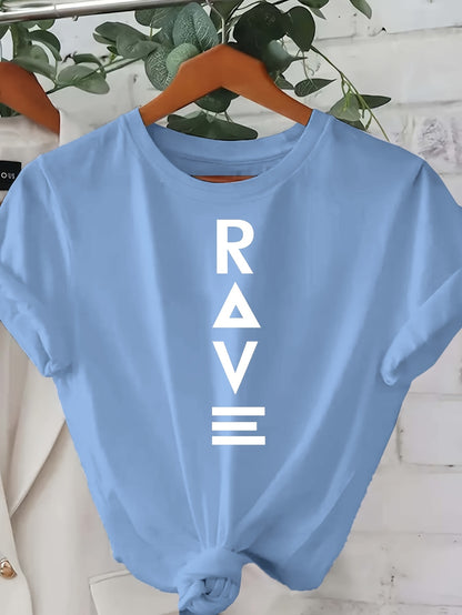 Women's Casual Short Sleeve T-Shirt - Black with Vertical White RAVE Print, Relaxed Fit Round Neck, Machine Washable All-Season Comfort Top, Rave Clothing, Classic Round Neck, Nontransparent Fabric