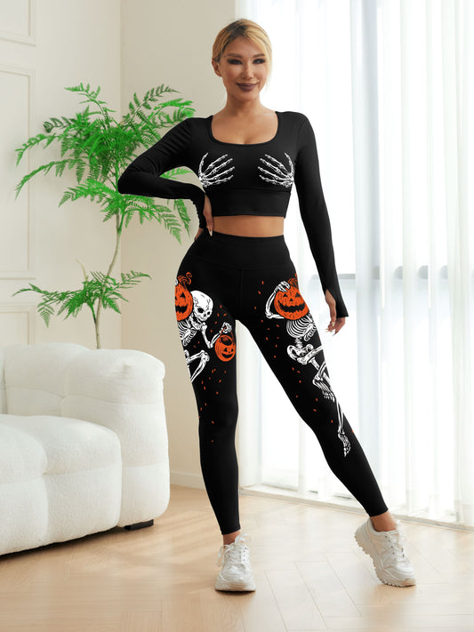 Women's High-Waist Yoga 2pcs Set, Halloween Skull Pumpkin Glow-in-the-Dark U-Neck Bra and Long Sleeve Top, High-Waist Stretchy Black Leggings with Printed Skeleton & Fluorescent Pumpkin Design, Women's Casual Sportswear Pants
