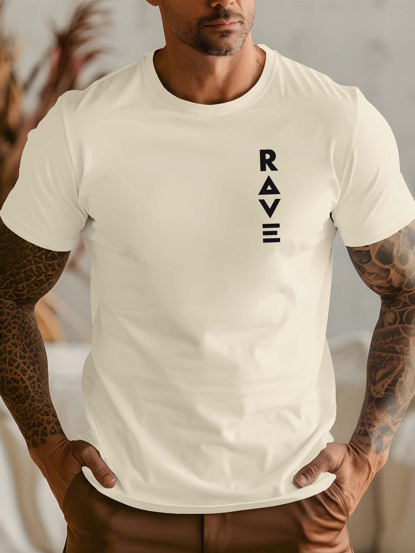 R V Men's Short Sleeve T-Shirt - Vibrant Yellow with Bold RAVE Graphic Print, Breathable Round Neck Casual Top for Summer Beach Resorts & Outdoor Activities