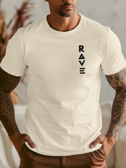 R V Men's Short Sleeve T-Shirt - Vibrant Yellow with Bold RAVE Graphic Print, Breathable Round Neck Casual Top for Summer Beach Resorts & Outdoor Activities
