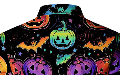 [Festive Halloween Shirt] Polyester Men's Festive Long Sleeve Shirt - Vibrant Halloween-Themed Pumpkin & Bat Print, Button-Up with Chest Pocket, Ideal for Fall/Winter Celebrations, Halloween Decorations