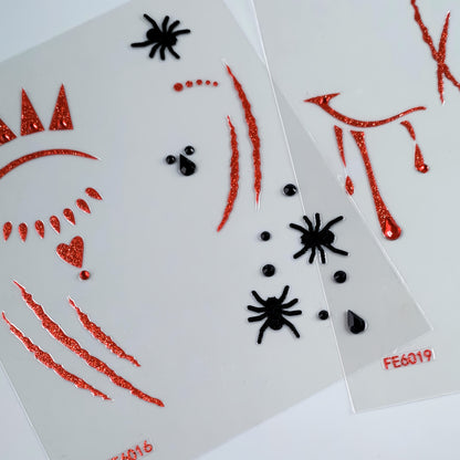 [Realistic Blood Face Stickers] 2 Sheets Red Glitter Blood Face Stickers - Realistic Fake Blood & Wound Effects, Glossy Self-Adhesive Temporary Tattoos for Halloween, Christmas, Themed Parties - Easy Apply, Perfect for Costum