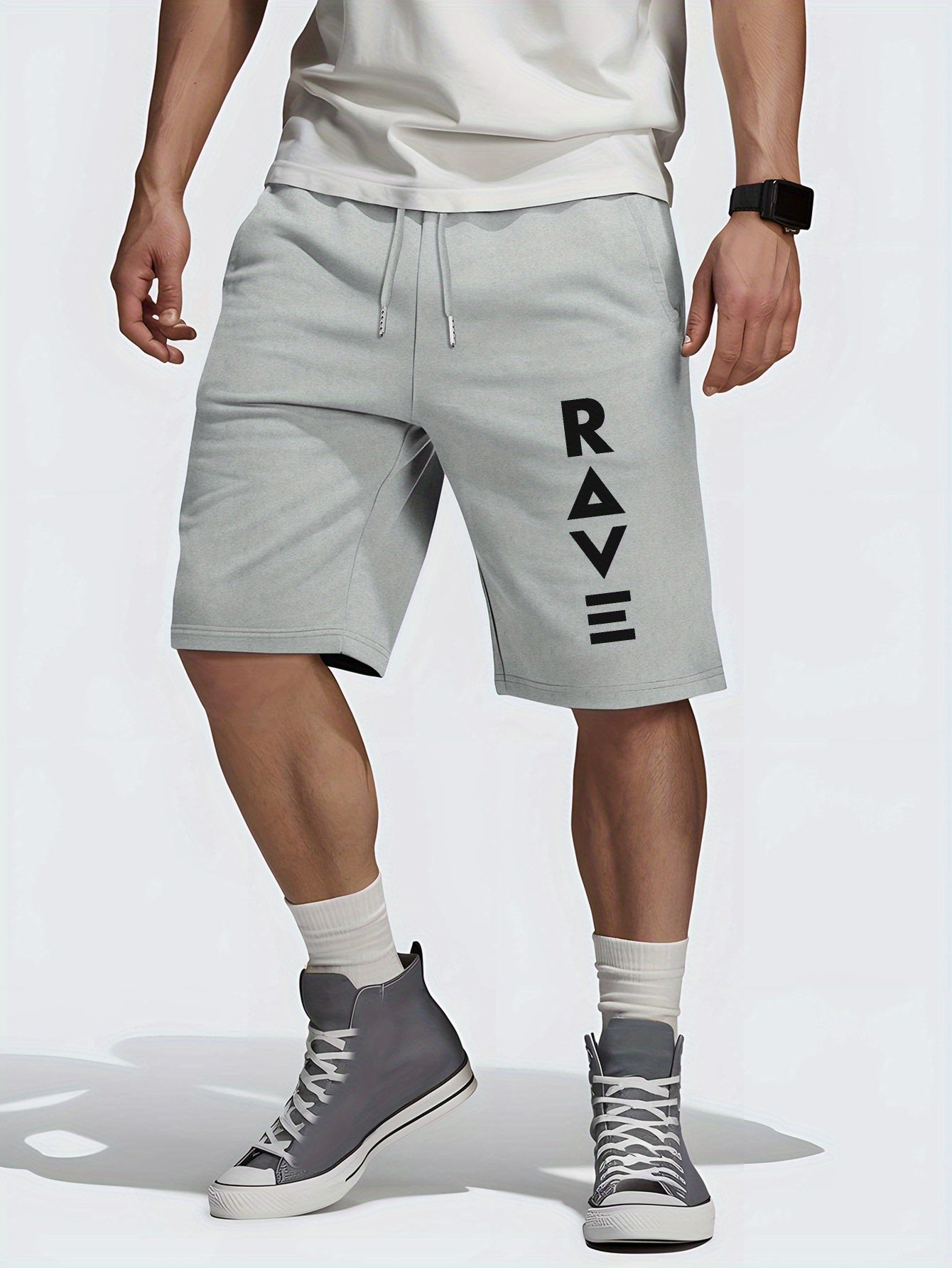R V New Men's Summer Casual Shorts with RAVE Letter Print - Light Grey Regular Fit Outdoor Sports & Beach Vacation Shorts, American Fashion Trendy Lightweight Comfortable Design, Beach Vacation Apparel | Fashionable Casualwea