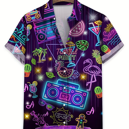 Men'S Casual Tropical Party Neon Graphic T-Shirt - Short Sleeve, Summer Vacation Shirt with Palm Trees, Flamingos, and Music Notes Design, Casual Attire|Tropical Theme|Polyester Fabric