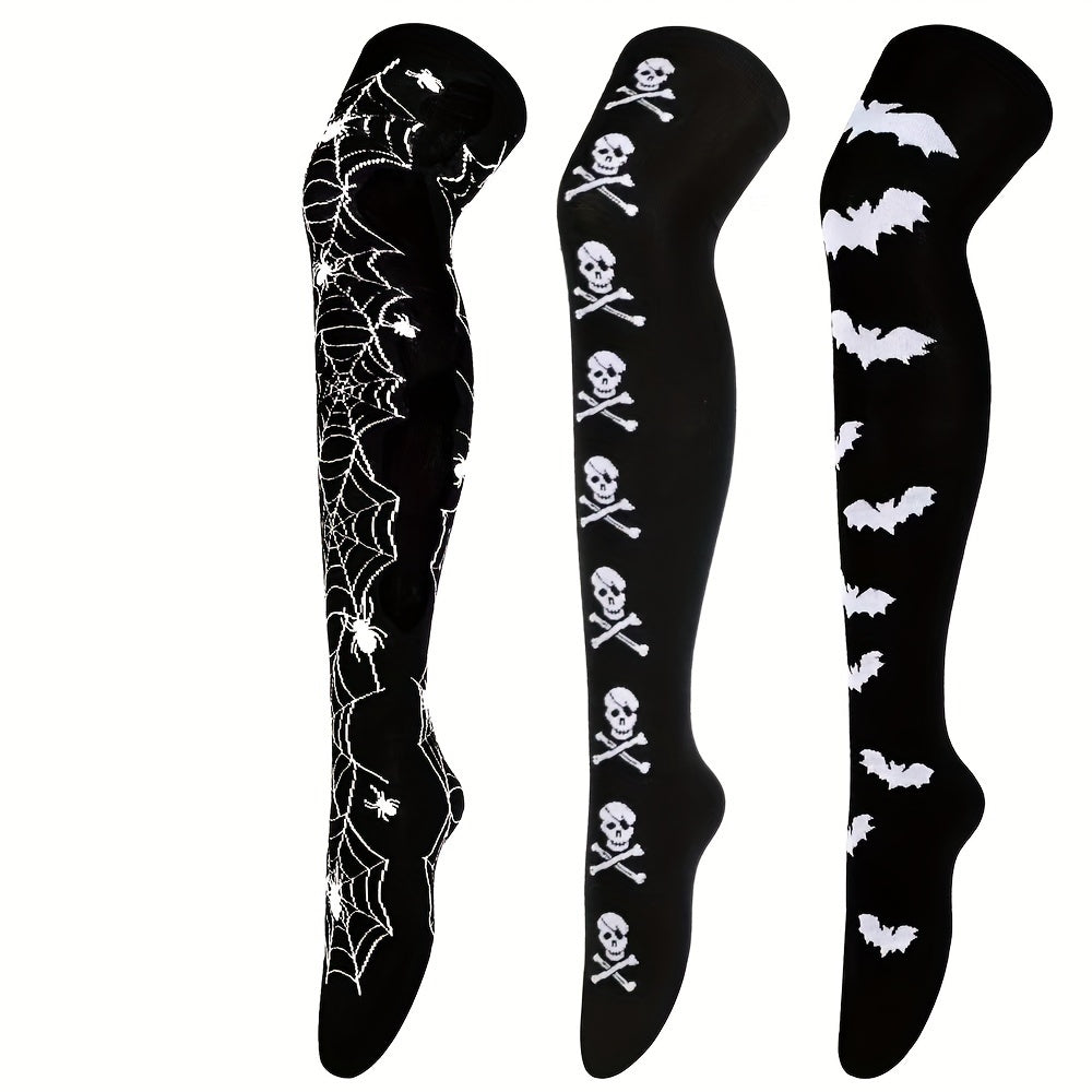 [Funny Halloween Socks] 3 Pairs Halloween Skull & Bat Print Women's Over-the-Knee Socks | Soft, Comfortable, Tight, High-Stretch for Parties & Daily Wear