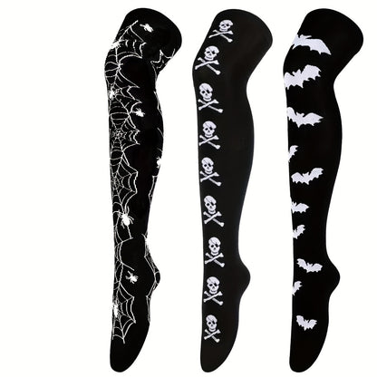 [Funny Halloween Socks] 3 Pairs Halloween Skull & Bat Print Women's Over-the-Knee Socks | Soft, Comfortable, Tight, High-Stretch for Parties & Daily Wear