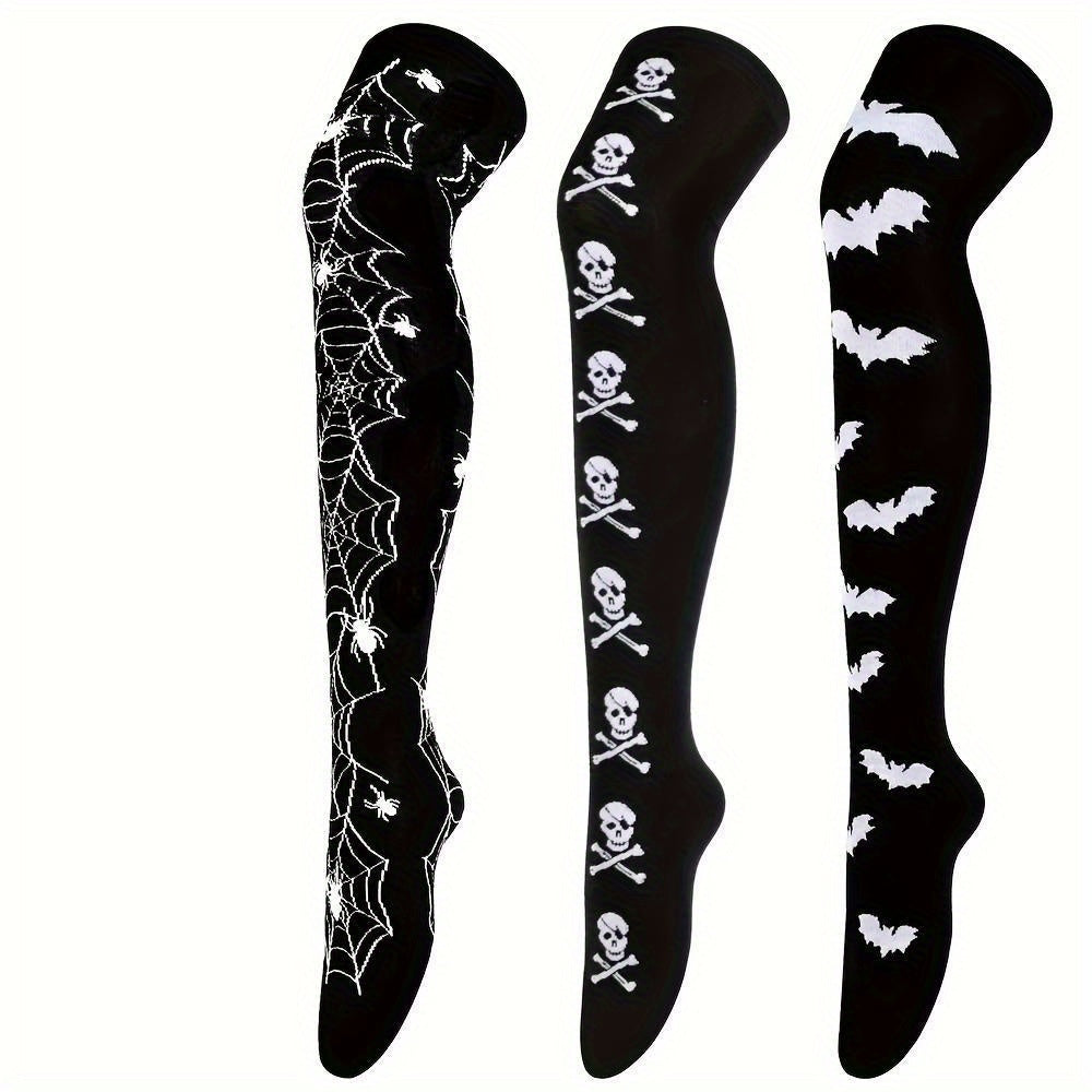 [Funny Halloween Socks] 3 Pairs Halloween Skull & Bat Print Women's Over-the-Knee Socks | Soft, Comfortable, Tight, High-Stretch for Parties & Daily Wear