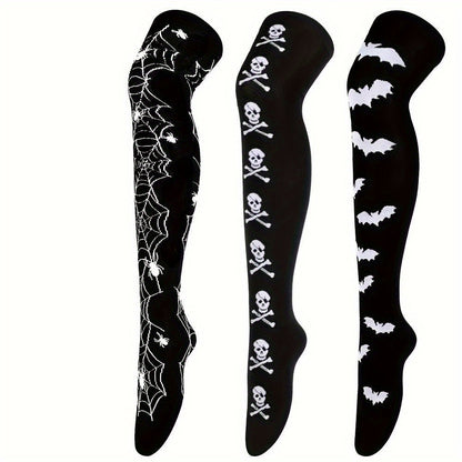 [Funny Halloween Socks] 3 Pairs Halloween Skull & Bat Print Women's Over-the-Knee Socks | Soft, Comfortable, Tight, High-Stretch for Parties & Daily Wear
