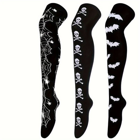 [Funny Halloween Socks] 3 Pairs Halloween Skull & Bat Print Women's Over-the-Knee Socks | Soft, Comfortable, Tight, High-Stretch for Parties & Daily Wear