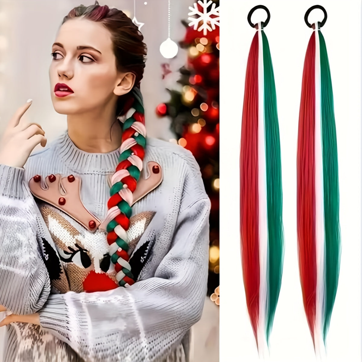 2pcs Festive Ombre Jumbo Braiding Ponytail Extensions, 26-Inch Synthetic High Temperature Fiber Hair with Elastic Band for Women & Girls - Ideal for Christmas & Holiday Celebrations, Hair Accessories