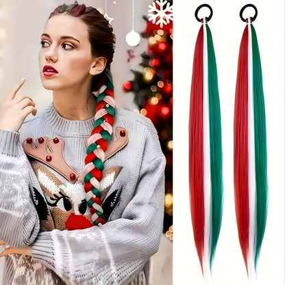 2pcs Festive Ombre Jumbo Braiding Ponytail Extensions, 26-Inch Synthetic High Temperature Fiber Hair with Elastic Band for Women & Girls - Ideal for Christmas & Holiday Celebrations, Hair Accessories
