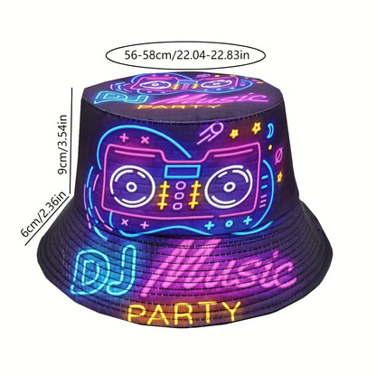 1pc Neon DJ Music Party Hat - Vibrant Printed Bucket Hat with "DISCuss WHAT'S THIS?" Design, Lightweight Polyester, Perfect for Music Festivals & Hip-Hop Themed Events, Disco Party Accessories