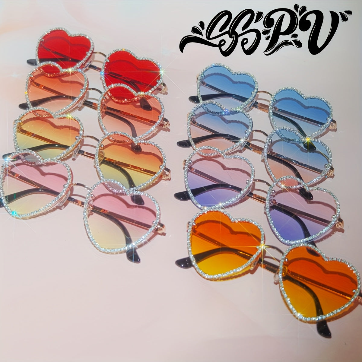 SSPV Rhinestone Heart Fashion Glasses - Sparkling Love-Shaped Shades in Multiple Colors, Glittery Gradient Lenses with Black Frames, Perfect for Festivals, Parties & Fashion Accessories, Party Eyewear, Rhinestone Embellishmen
