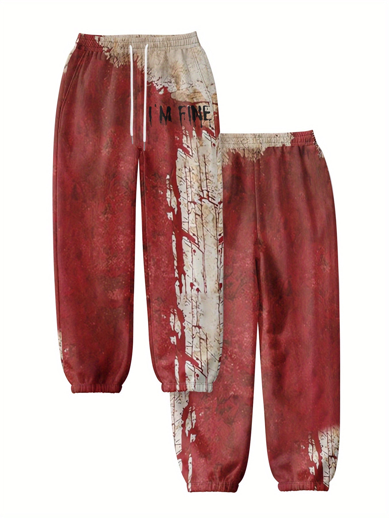 Women's Halloween Horror Blood Splatter Pants - Red & Brown Crime Scene Tape Effect - Drawstring Waist Harem Leg Pants - Machine Washable Polyester Costume Party Outfit for Halloween Parties & Casual Attire - Non-See-Through