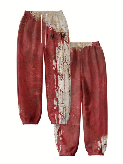Women's Halloween Horror Blood Splatter Pants - Red & Brown Crime Scene Tape Effect - Drawstring Waist Harem Leg Pants - Machine Washable Polyester Costume Party Outfit for Halloween Parties & Casual Attire - Non-See-Through