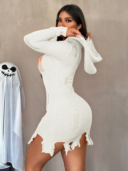 Women's Solid Color Hooded Halloween Dress - Distressed Pumpkin Face Design, Bodycon X-Silhouette, Machine Washable, Vibrant Orange for Halloween Parties & Casual Wear, Halloween Costumes, Festive Attire, Festive Design, Easy