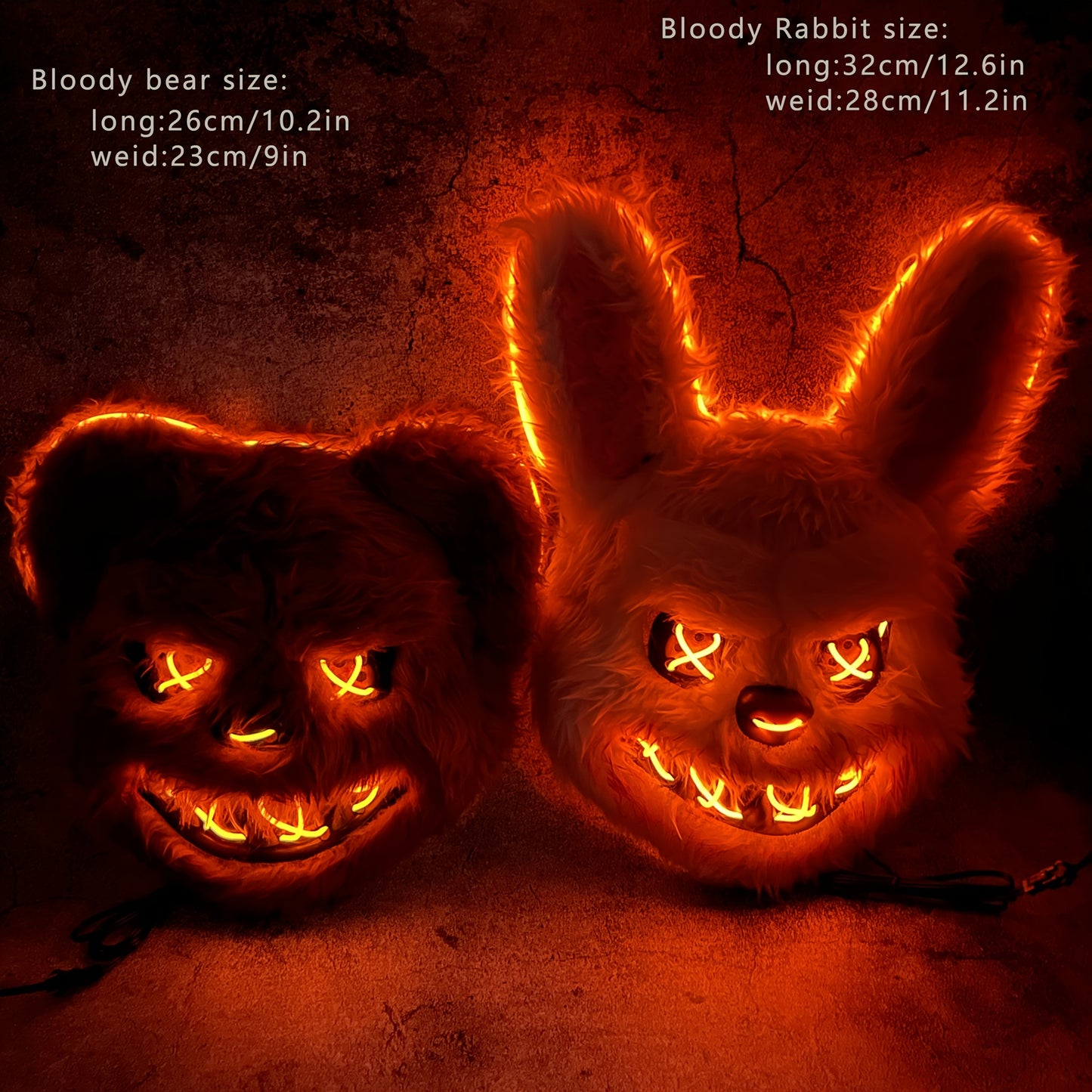 Spooky Glowing Bunny and Bear Mask - Orange, Plastic, Battery-Operated Halloween, Easter, Carnival Costume Prop with X-Eyes and Sharp Teeth Design, Includes Battery Holder (Batteries Not Included), Halloween Costume | Playful
