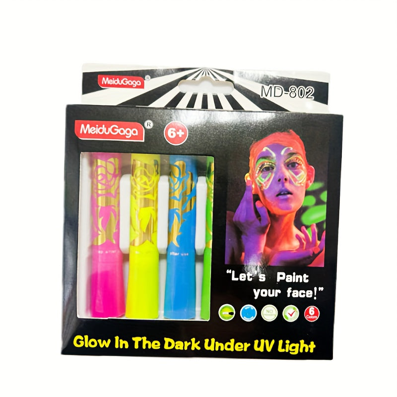 [Neon Face Paint Kit] 6pcs UV Neon Face Body Paint Kit - Glow in The Dark Under Black Light Glow Makeup Kit for Adult - Fluorescent Water-soluble Face Paints Crayons Sticks Markers for Birthday Mardi Gras Party Halloween Masq