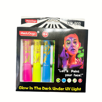 [Neon Face Paint Kit] 6pcs UV Neon Face Body Paint Kit - Glow in The Dark Under Black Light Glow Makeup Kit for Adult - Fluorescent Water-soluble Face Paints Crayons Sticks Markers for Birthday Mardi Gras Party Halloween Masq