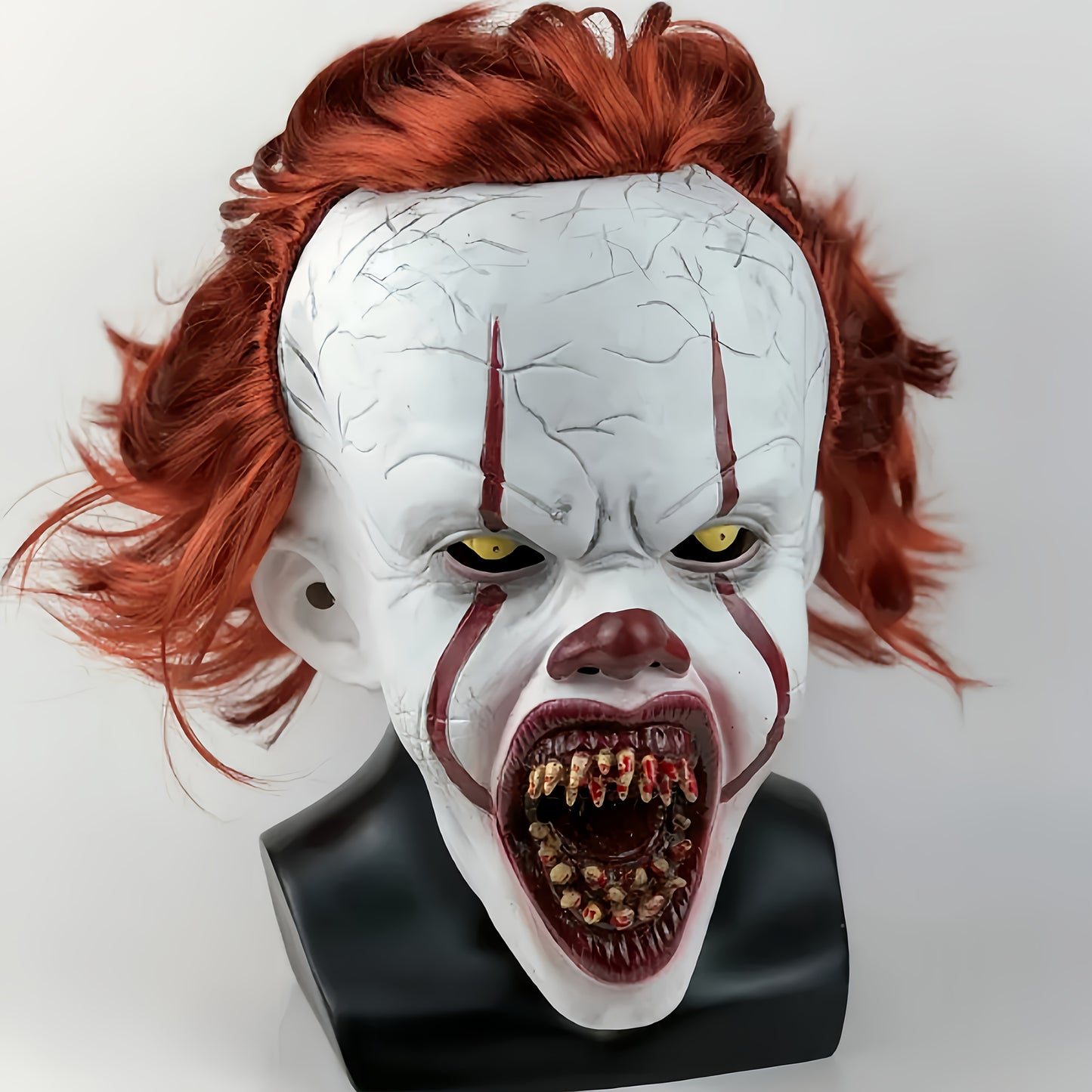 [Scary Clown Horror Mask] Realistic Menacing Halloween Clown Horror Mask | Light Beige, Red Hair, Sharp Teeth - Latex Full Face Mask for Halloween Pranks, Haunted Houses, Scary Performances - Adult Costume Makeup, Detailed Cr