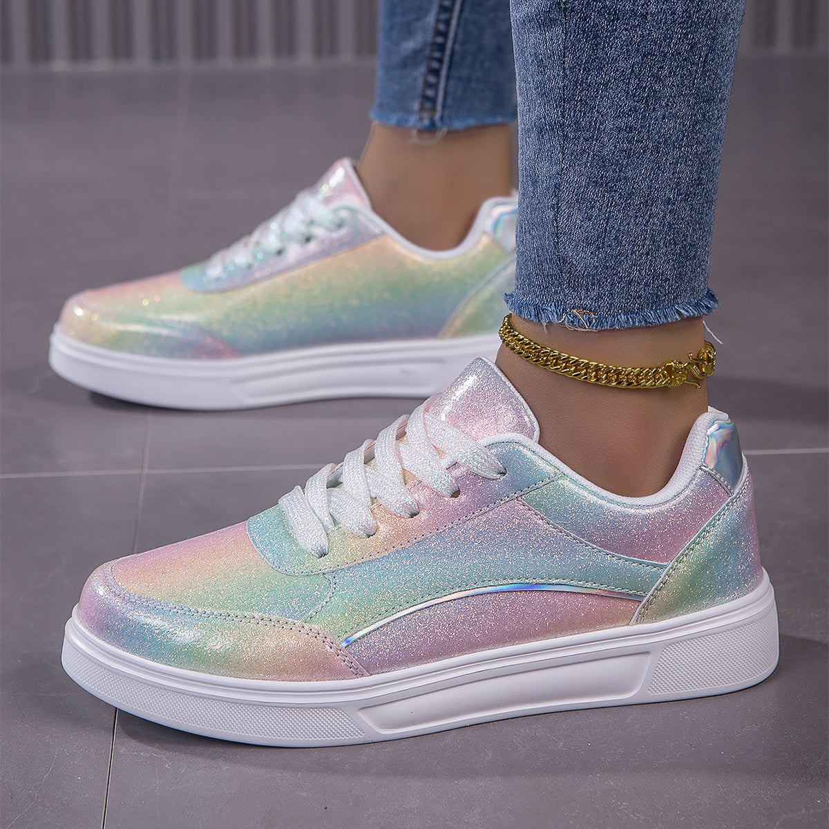 Vibrant Rainbow Holographic Sequin Womens Sneakers - Lightweight, Breathable, Fabric Lined, PU Sole, Microfiber Synthetic Leather Upper - Perfect for Casual, Party, Wedding, Streetwear, and Trendy Fashion Enthusiasts