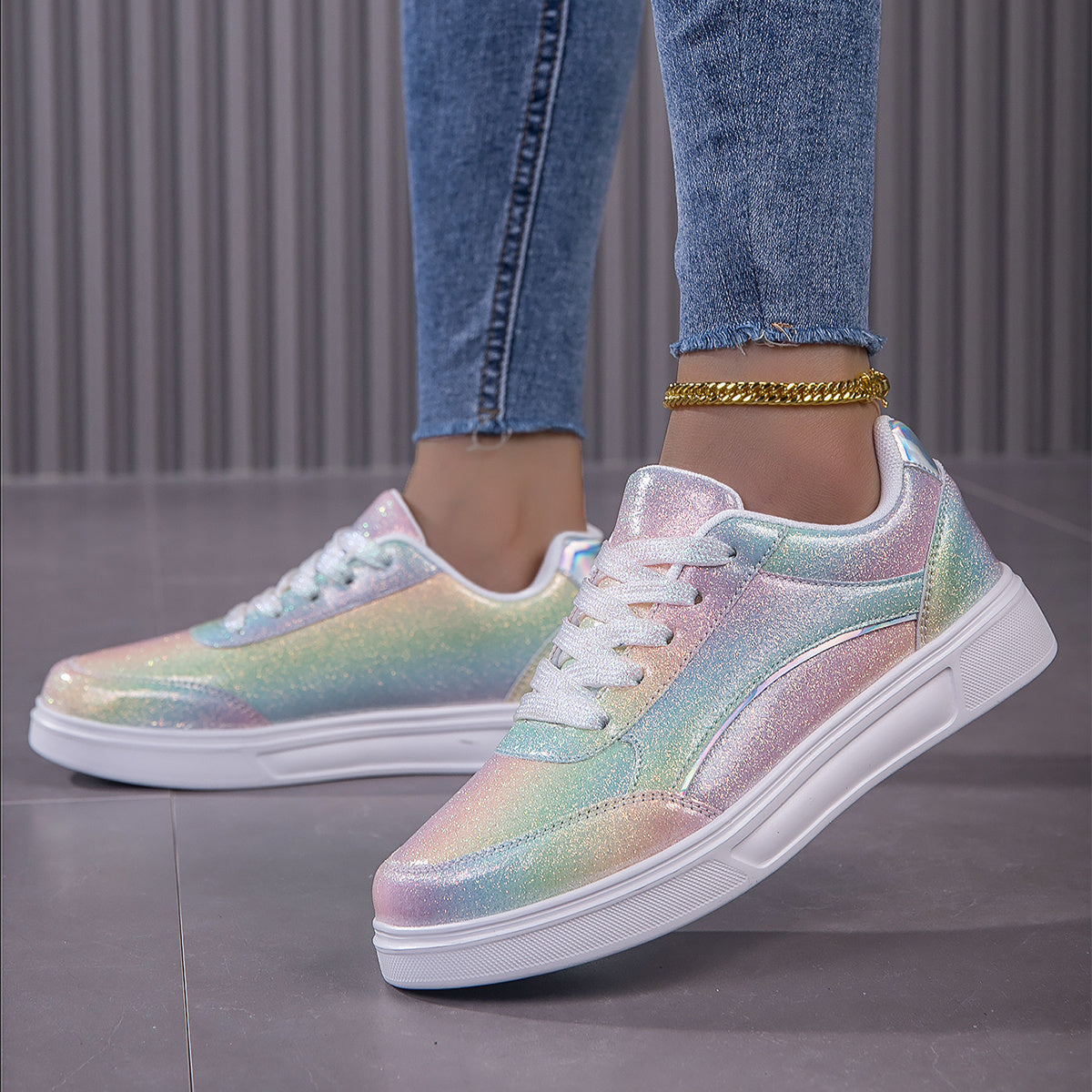 Vibrant Rainbow Holographic Sequin Womens Sneakers - Lightweight, Breathable, Fabric Lined, PU Sole, Microfiber Synthetic Leather Upper - Perfect for Casual, Party, Wedding, Streetwear, and Trendy Fashion Enthusiasts