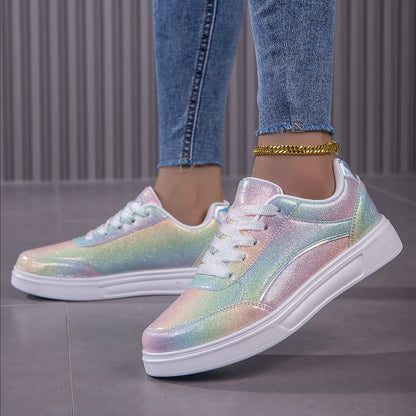 Vibrant Rainbow Holographic Sequin Womens Sneakers - Lightweight, Breathable, Fabric Lined, PU Sole, Microfiber Synthetic Leather Upper - Perfect for Casual, Party, Wedding, Streetwear, and Trendy Fashion Enthusiasts