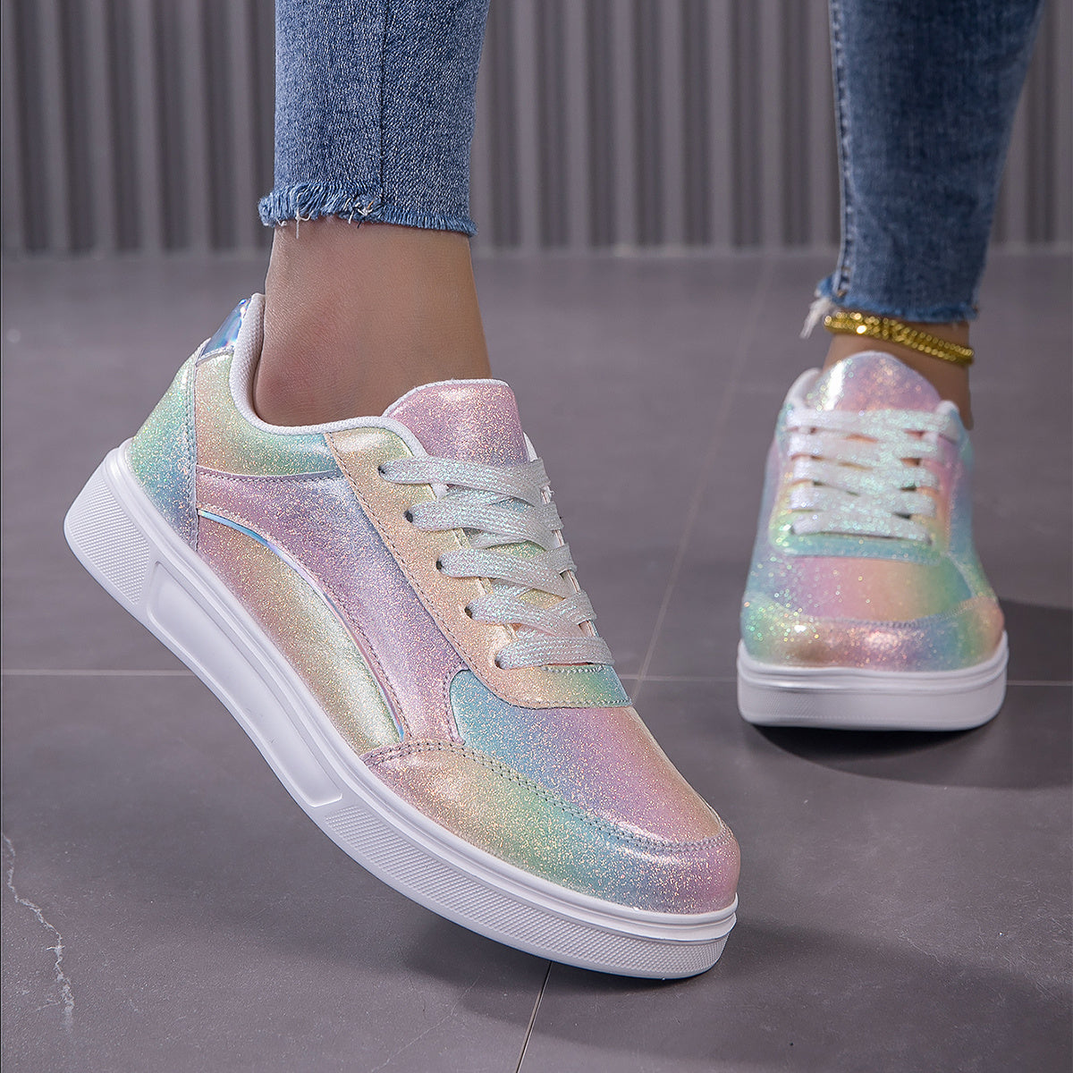 Vibrant Rainbow Holographic Sequin Womens Sneakers - Lightweight, Breathable, Fabric Lined, PU Sole, Microfiber Synthetic Leather Upper - Perfect for Casual, Party, Wedding, Streetwear, and Trendy Fashion Enthusiasts