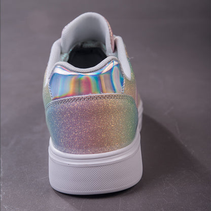 Vibrant Rainbow Holographic Sequin Womens Sneakers - Lightweight, Breathable, Fabric Lined, PU Sole, Microfiber Synthetic Leather Upper - Perfect for Casual, Party, Wedding, Streetwear, and Trendy Fashion Enthusiasts