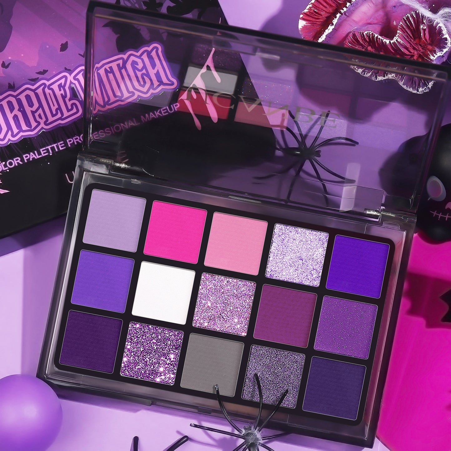 UCANBE Purple Eyeshadow Makeup Palette, 15 Colors Dark Smokey Shimmer Matte Metallic Glitter Eye Shadow Pallet, Violet Lavender Pink Make Up Kit for Cosplay Halloween Ursula Witch Costume Parties, Carnival/Mardi Gras/Masquera