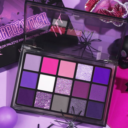 UCANBE Purple Eyeshadow Makeup Palette, 15 Colors Dark Smokey Shimmer Matte Metallic Glitter Eye Shadow Pallet, Violet Lavender Pink Make Up Kit for Cosplay Halloween Ursula Witch Costume Parties, Carnival/Mardi Gras/Masquera