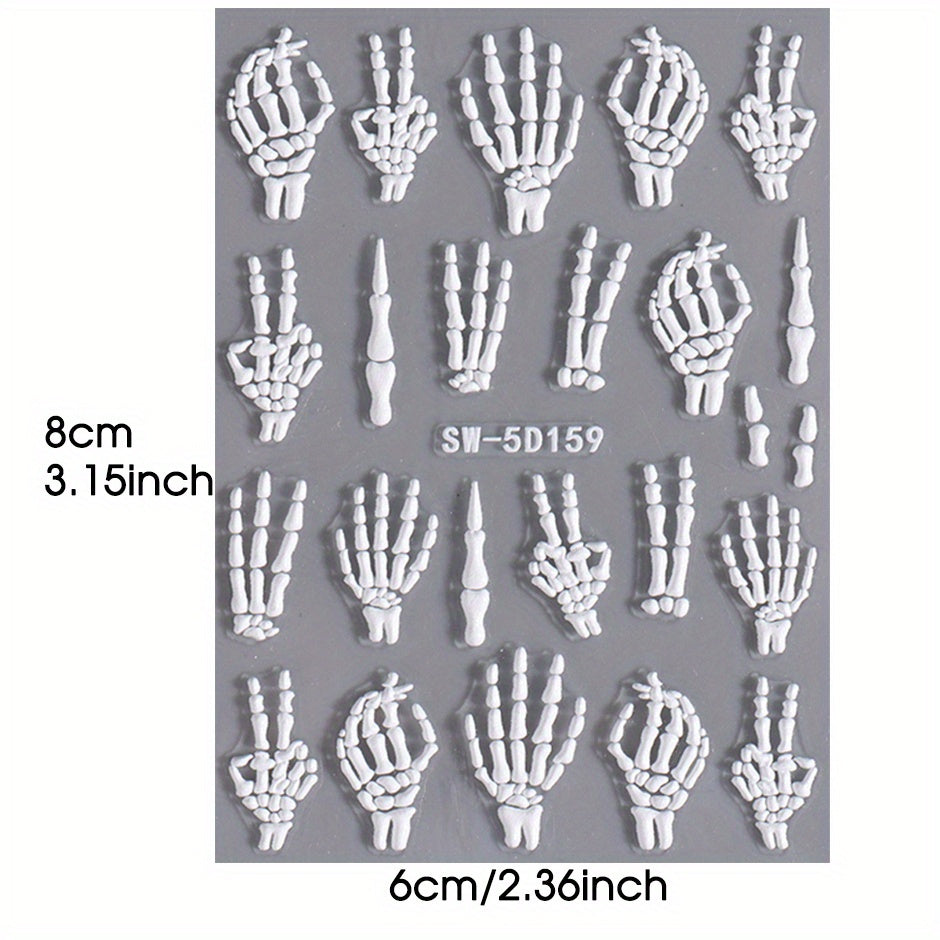 [5D Skull Nail Stickers] 5D Embossed Halloween Skull Nail Art Stickers | Self-Adhesive Decals for DIY Manicure & Pedicure, Cartoon Design, Matte Finish, Fantasy Decorations