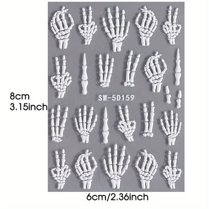 [5D Skull Nail Stickers] 5D Embossed Halloween Skull Nail Art Stickers | Self-Adhesive Decals for DIY Manicure & Pedicure, Cartoon Design, Matte Finish, Fantasy Decorations