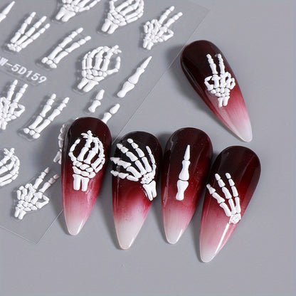 [5D Skull Nail Stickers] 5D Embossed Halloween Skull Nail Art Stickers | Self-Adhesive Decals for DIY Manicure & Pedicure, Cartoon Design, Matte Finish, Fantasy Decorations