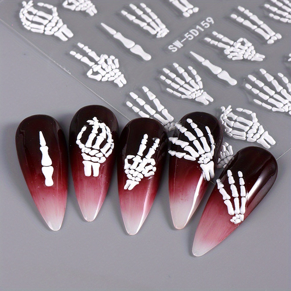 [5D Skull Nail Stickers] 5D Embossed Halloween Skull Nail Art Stickers | Self-Adhesive Decals for DIY Manicure & Pedicure, Cartoon Design, Matte Finish, Fantasy Decorations
