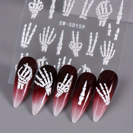 [5D Skull Nail Stickers] 5D Embossed Halloween Skull Nail Art Stickers | Self-Adhesive Decals for DIY Manicure & Pedicure, Cartoon Design, Matte Finish, Fantasy Decorations