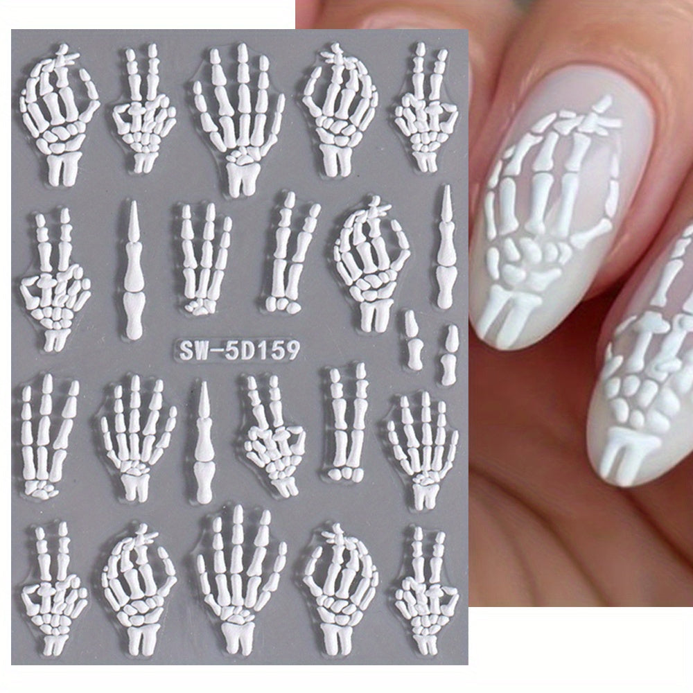 [5D Skull Nail Stickers] 5D Embossed Halloween Skull Nail Art Stickers | Self-Adhesive Decals for DIY Manicure & Pedicure, Cartoon Design, Matte Finish, Fantasy Decorations